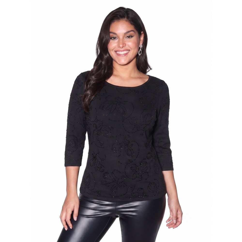 Sandra Darren Black Beaded Floral Knit Top 3/4 Sleeve Scoop Neck Women's M
